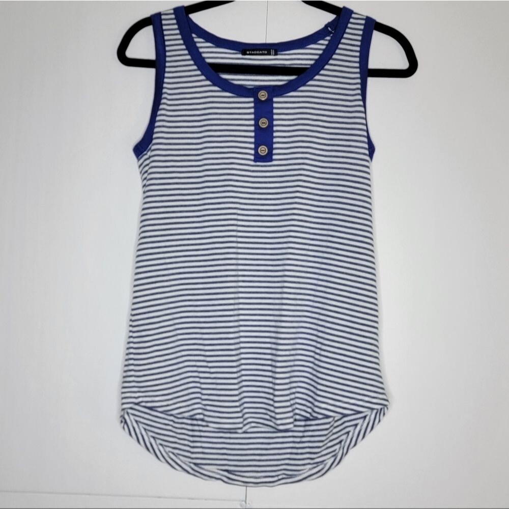 Staccato Blue White Striped Henley Tank Top Curved Hem Sleeveless S